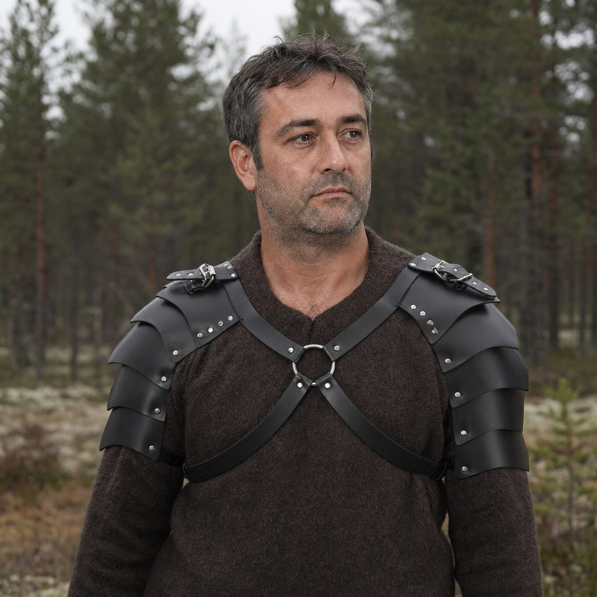 Double shoulder armour on a wearer, showing how far each guard reaches over the shoulder