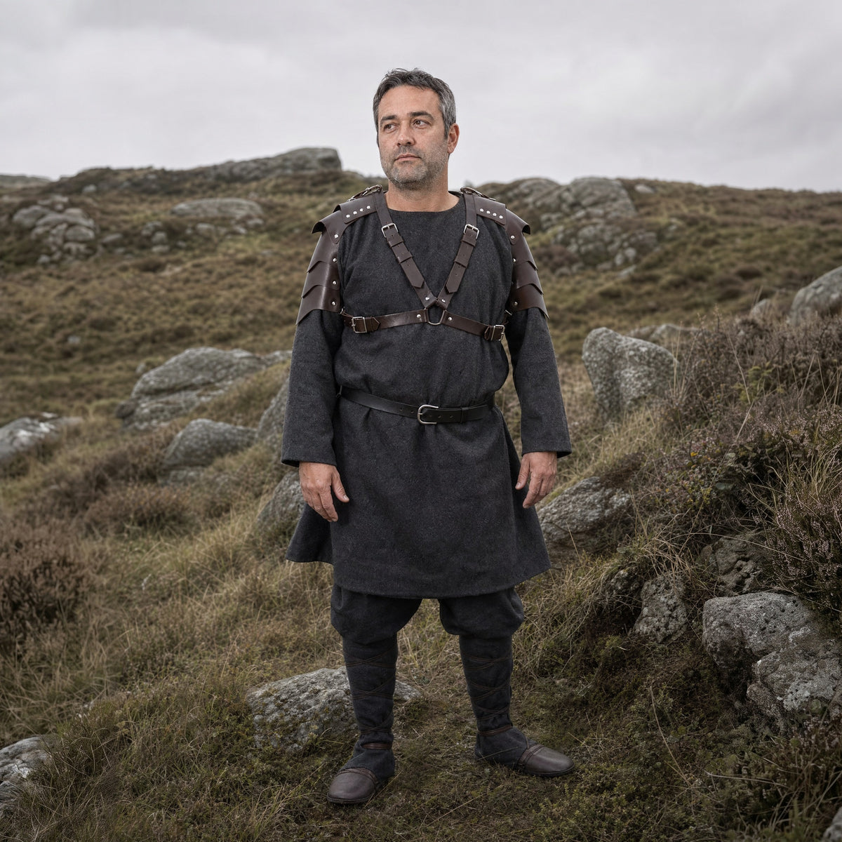Coffee faux leather double shoulder armour worn by a man outdoors, full-length front view