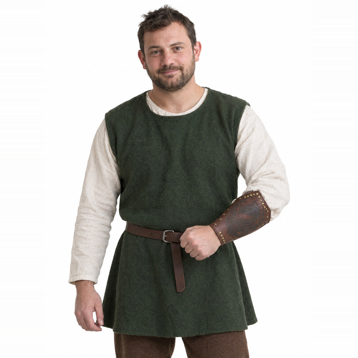 Brown dragon medallion bracer worn by a model on a white background