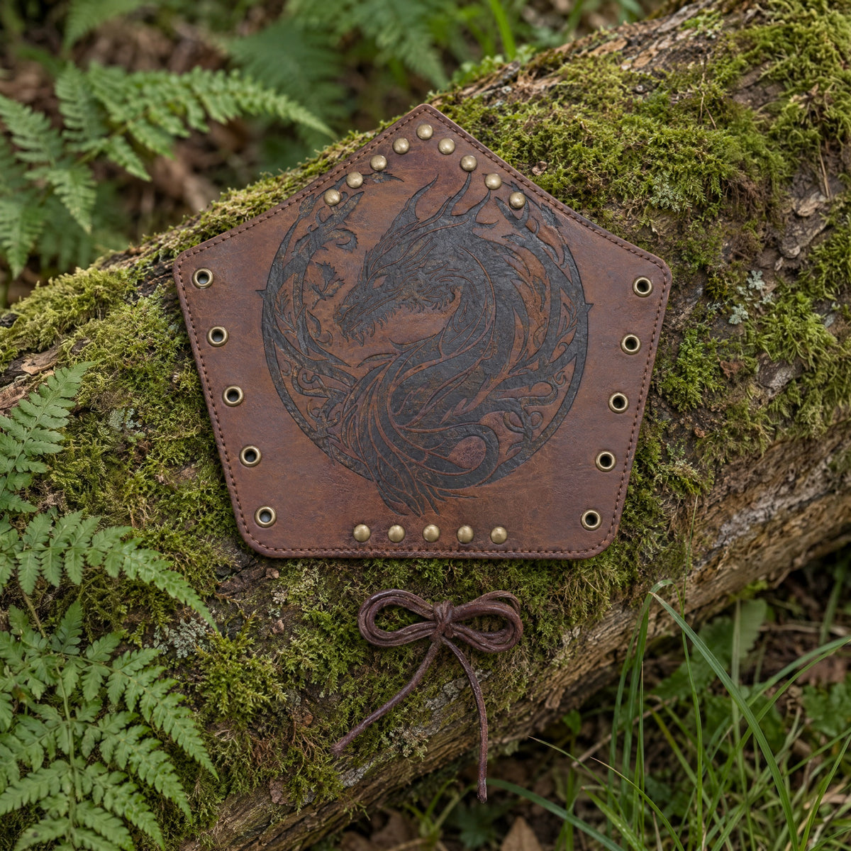 Brown dragon medallion bracer on a rustic surface