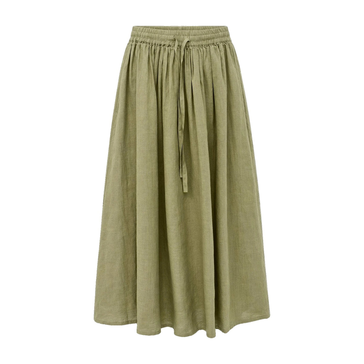 Mustard green drawstring ramie skirt