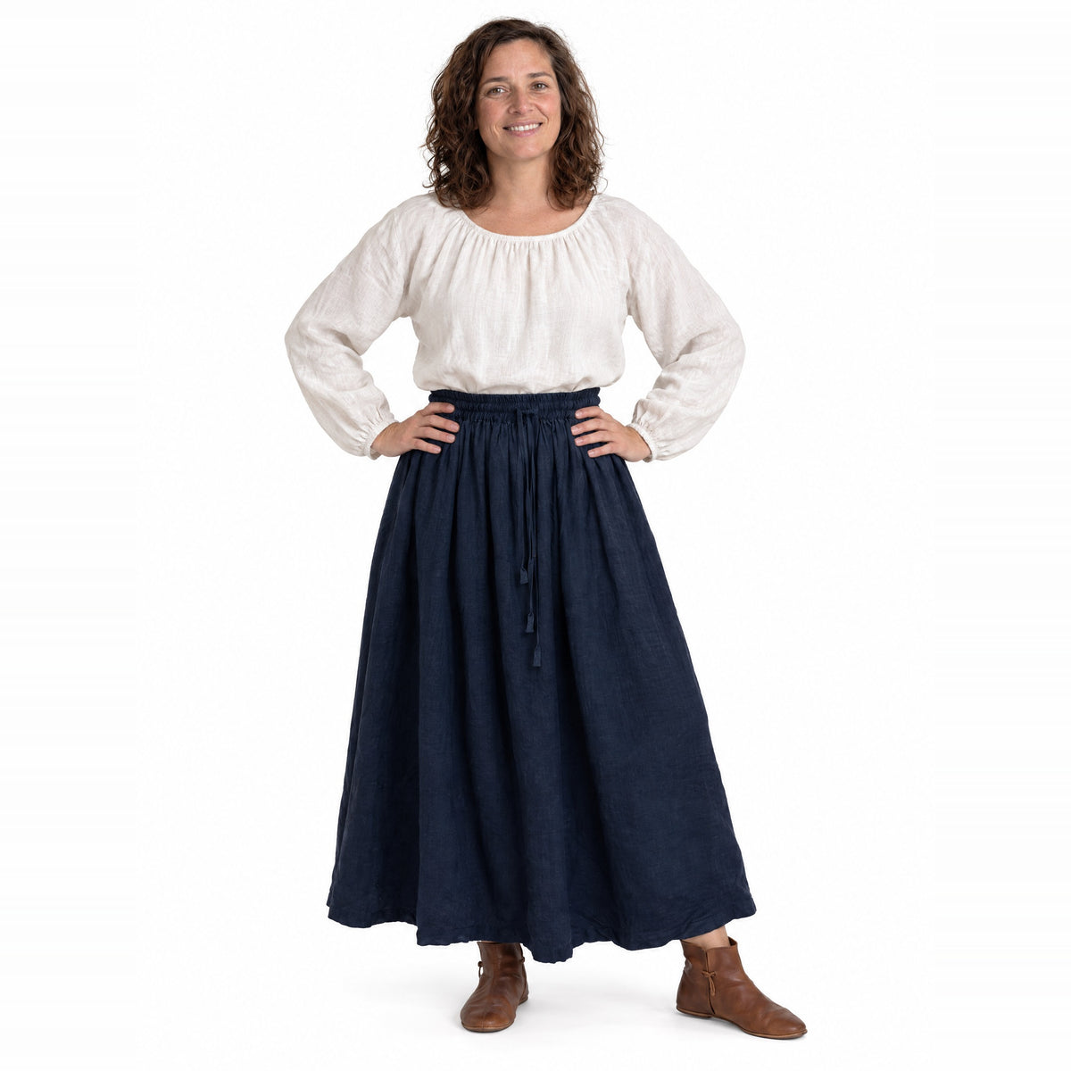 Navy drawstring ramie skirt worn by a model on a white background