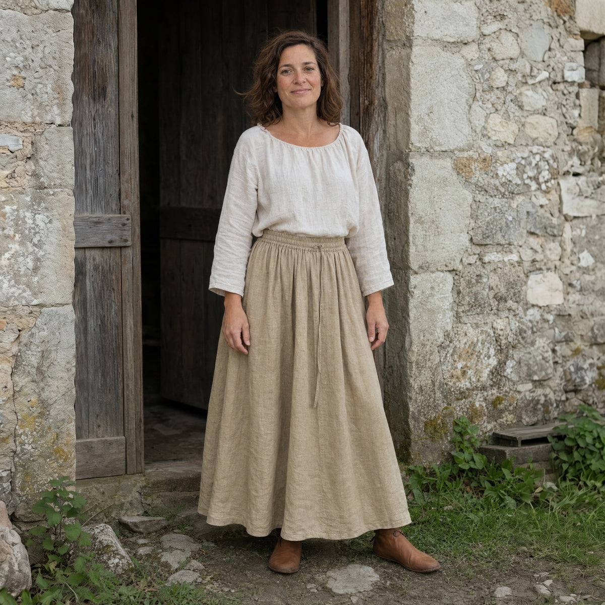 Beige drawstring ramie skirt worn by a woman outdoors, full-length front view