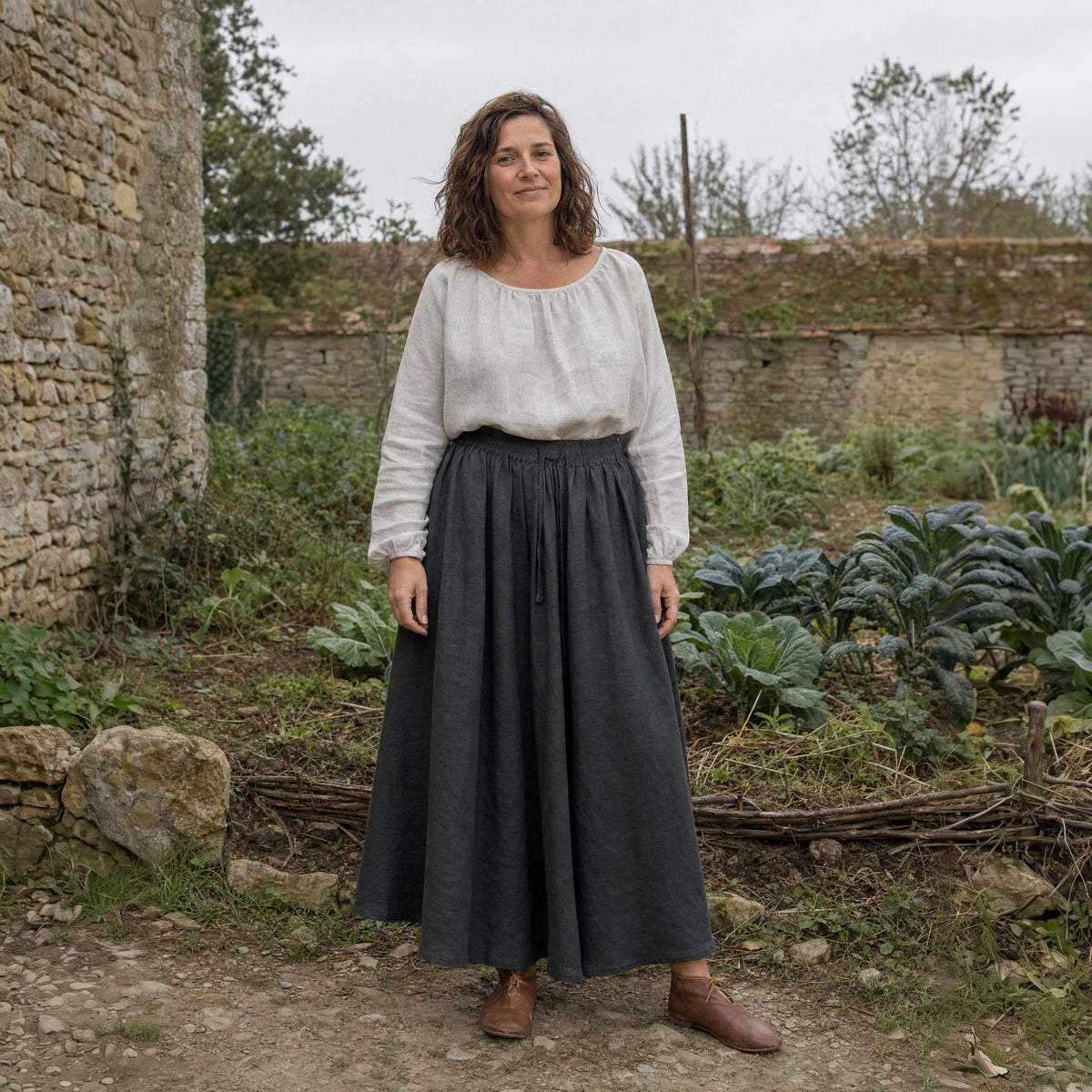 Dark Grey drawstring ramie skirt worn by a woman outdoors, full-length front view