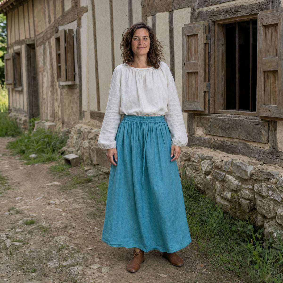 Light Blue drawstring ramie skirt worn by a woman outdoors, full-length front view