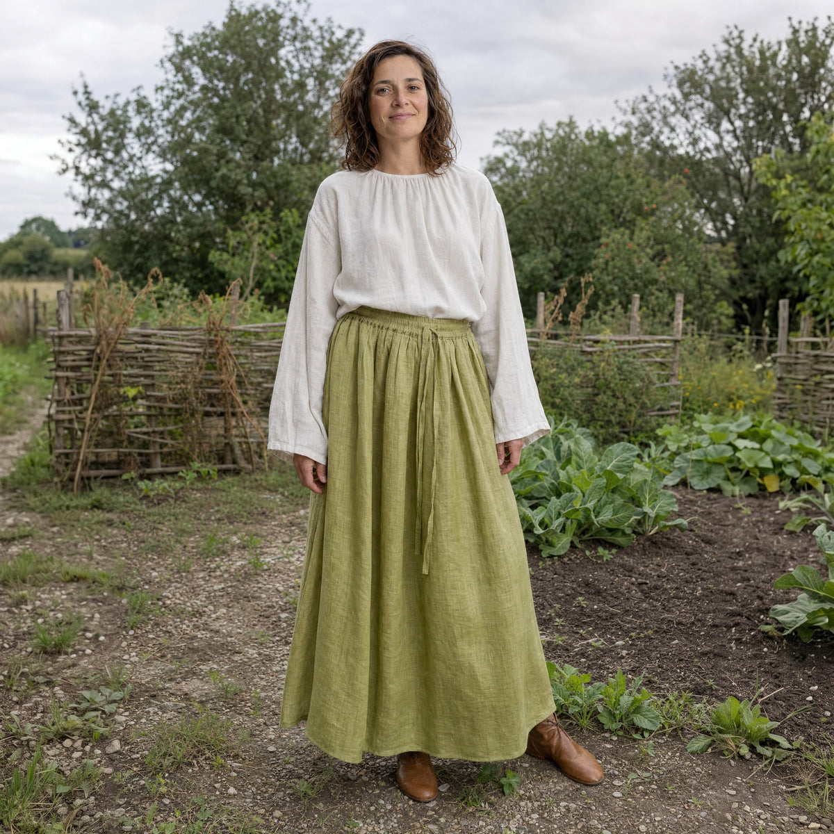 Mustard Green drawstring ramie skirt worn by a woman outdoors, full-length front view