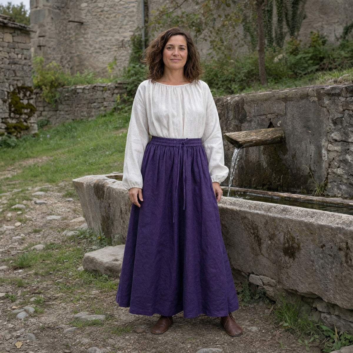Purple drawstring ramie skirt worn by a woman outdoors, full-length front view
