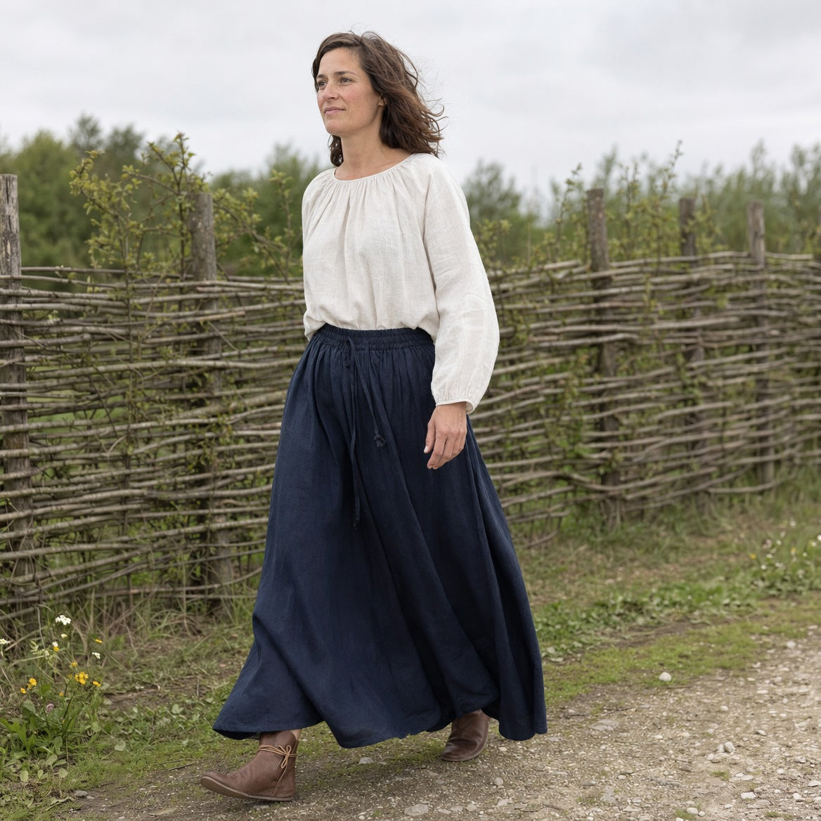 Navy drawstring ramie skirt worn outdoors