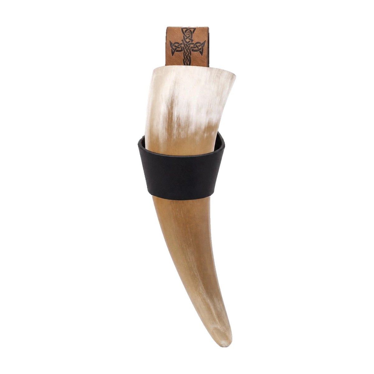 Black drinking horn with embossed holder