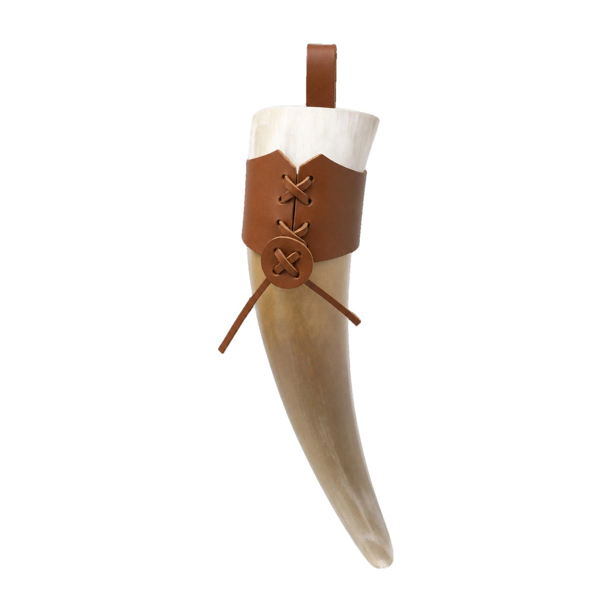 Brown drinking horn with laced holder