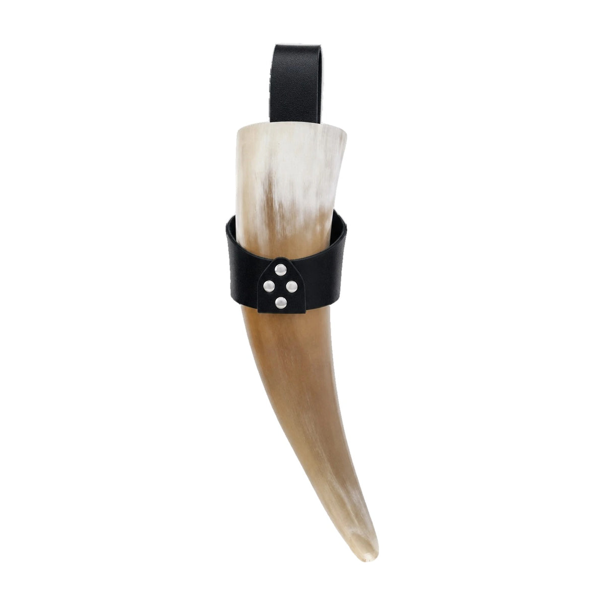 Black drinking horn with riveted holder