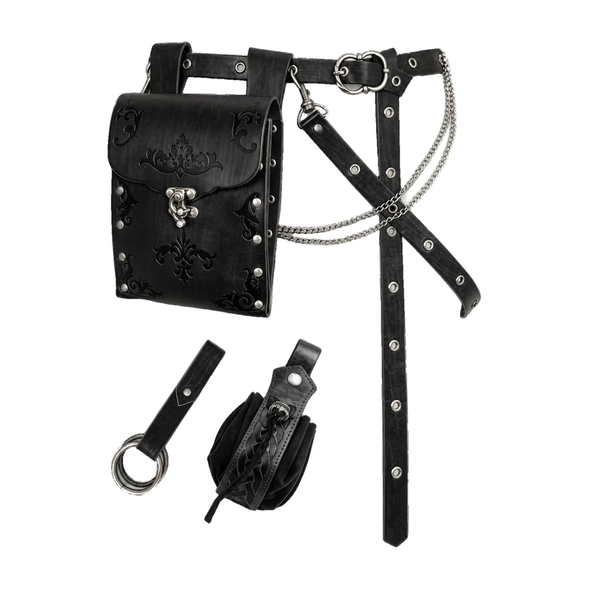 Black embossed waist bag belt with pouch