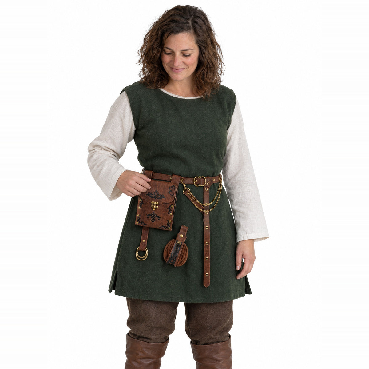 Brown embossed waist bag belt with pouch worn by a model on a white background