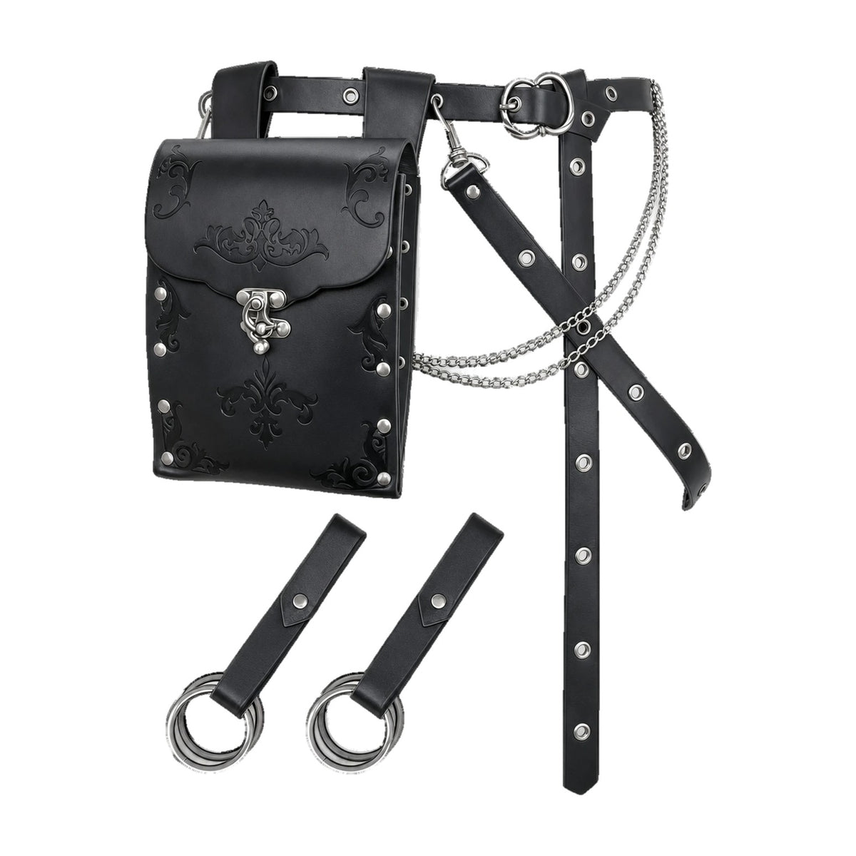 Black embossed waist bag belt with ring hangers