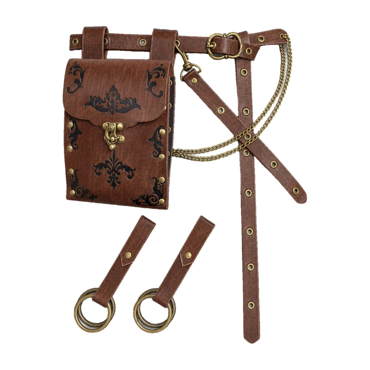Brown embossed waist bag belt with ring hangers