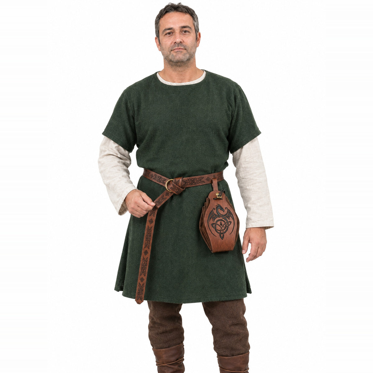Brown embossed belt with dragon pouch worn by a model on a white background
