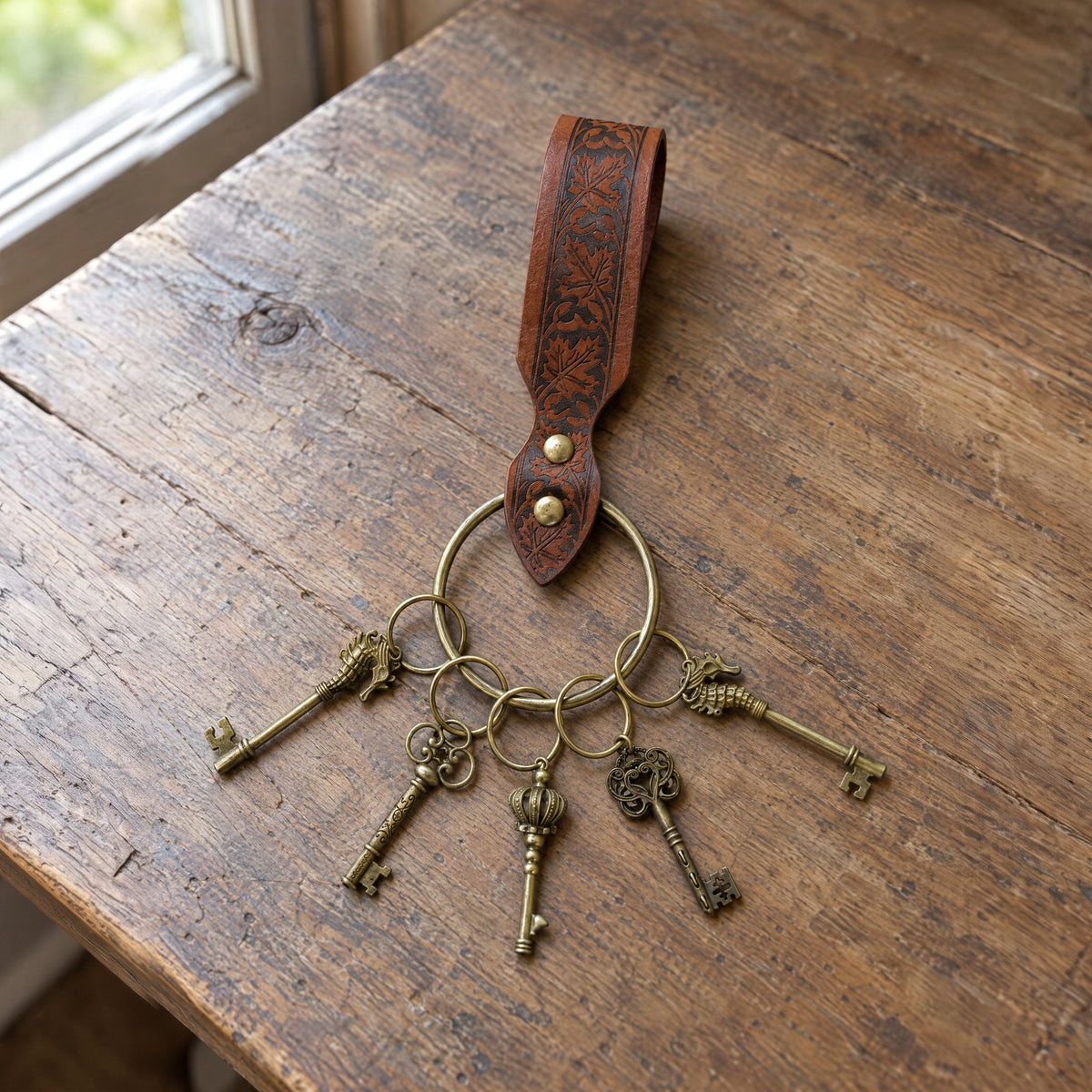 Brown embossed belt key ring on a rustic surface