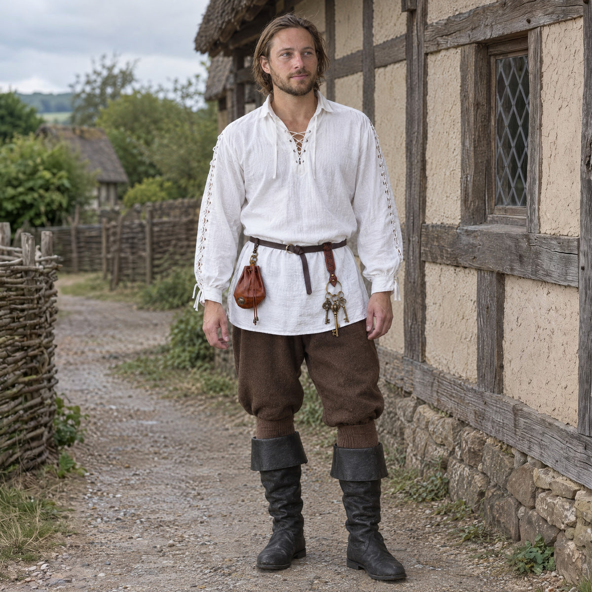 Embossed Belt Key Ring in a complete renaissance outfit, worn by a man outdoors