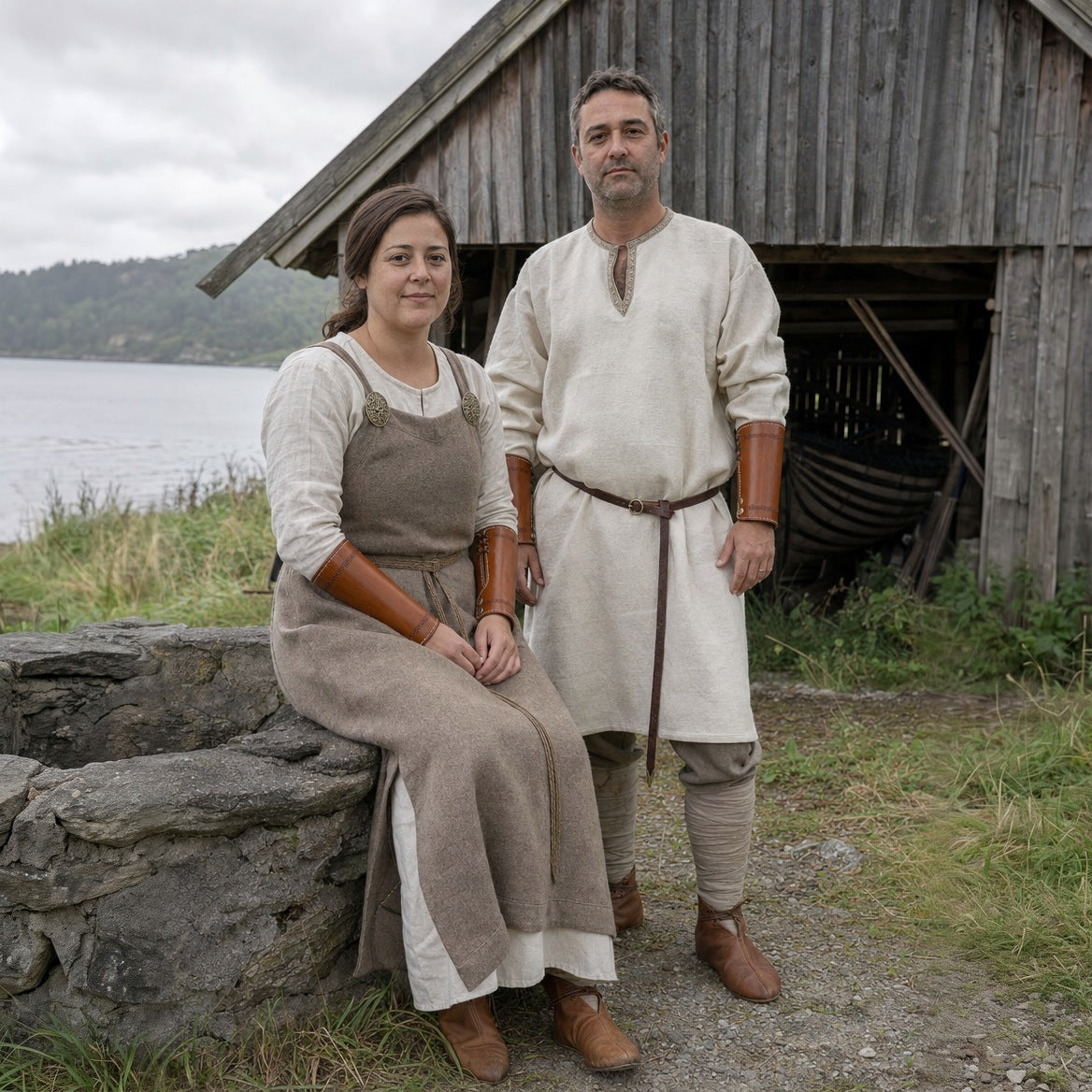 Embossed cuff bracers styled with a Viking tunic and belt