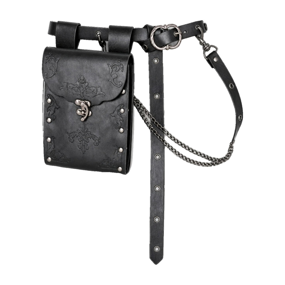 Black embossed waist bag with chain belt