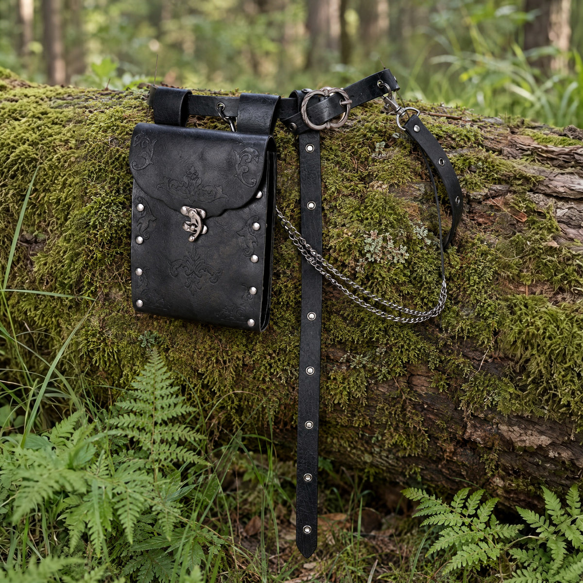 Black embossed waist bag with chain belt on a rustic surface