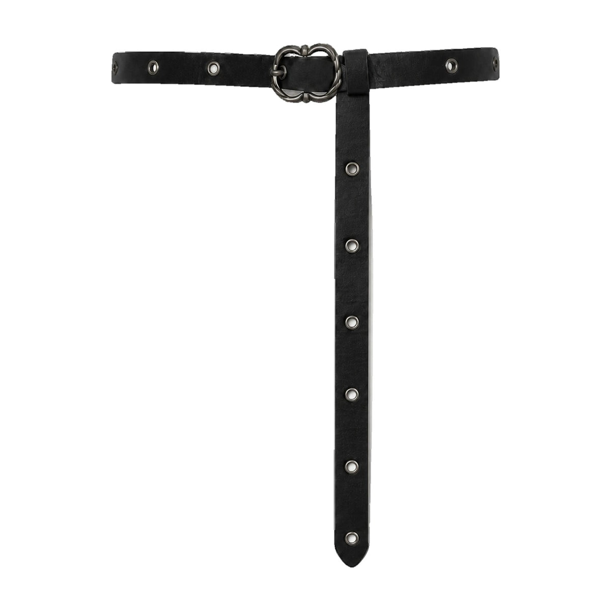 Black eyelet belt with ornate buckle