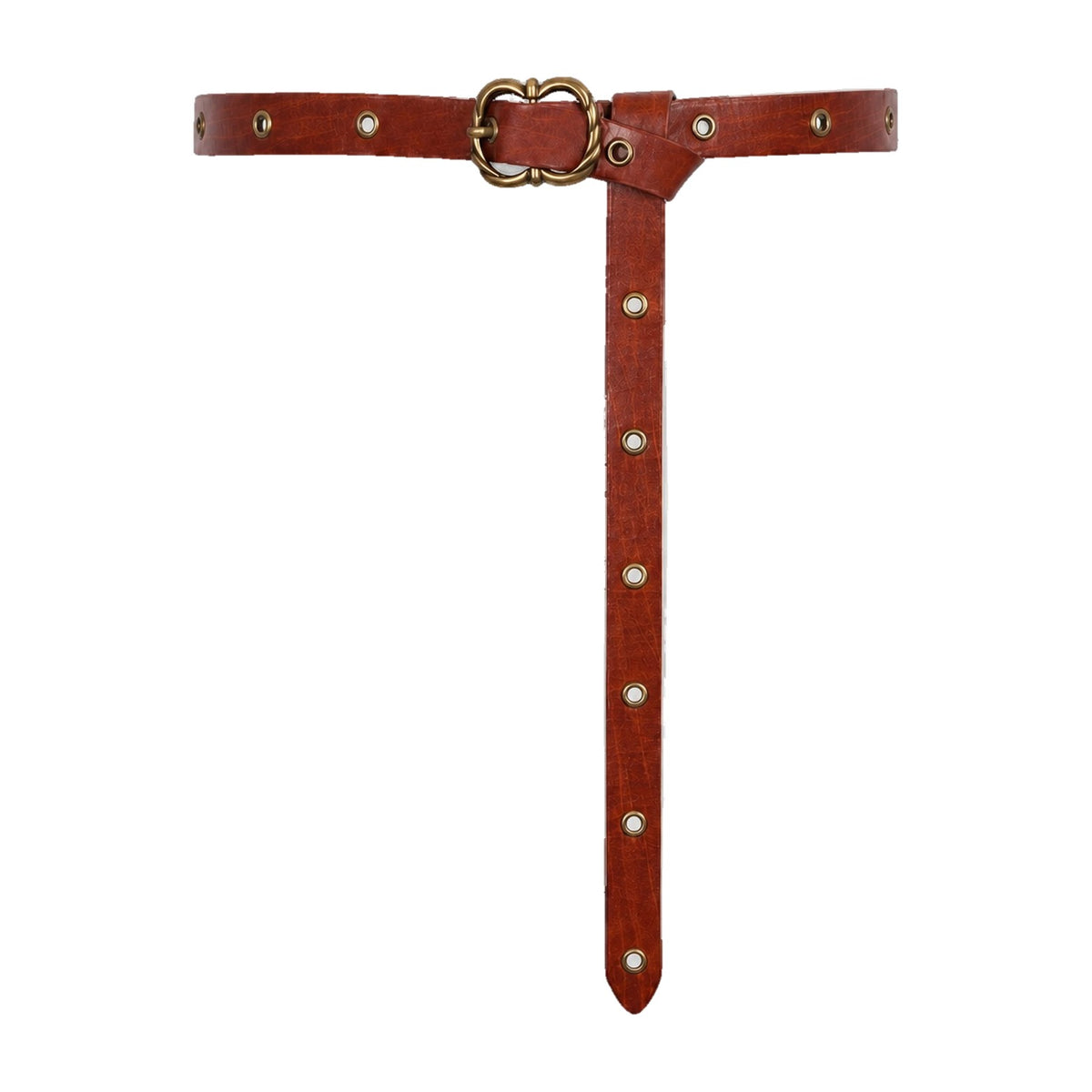 Brown eyelet belt with ornate buckle