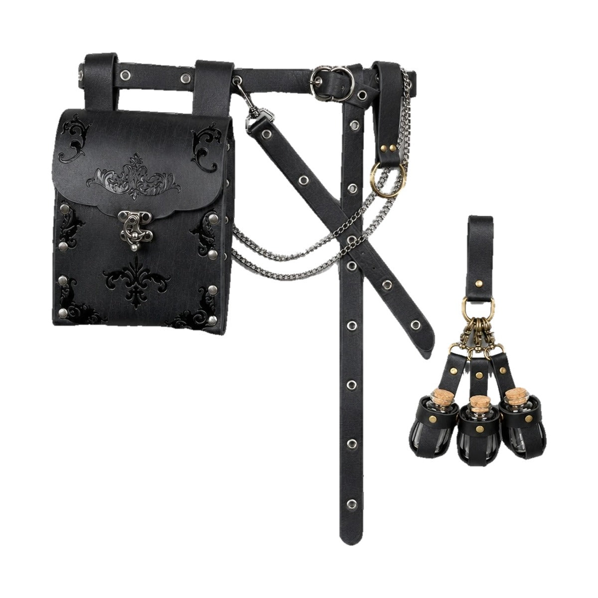 Black embossed waist bag belt with potion holder