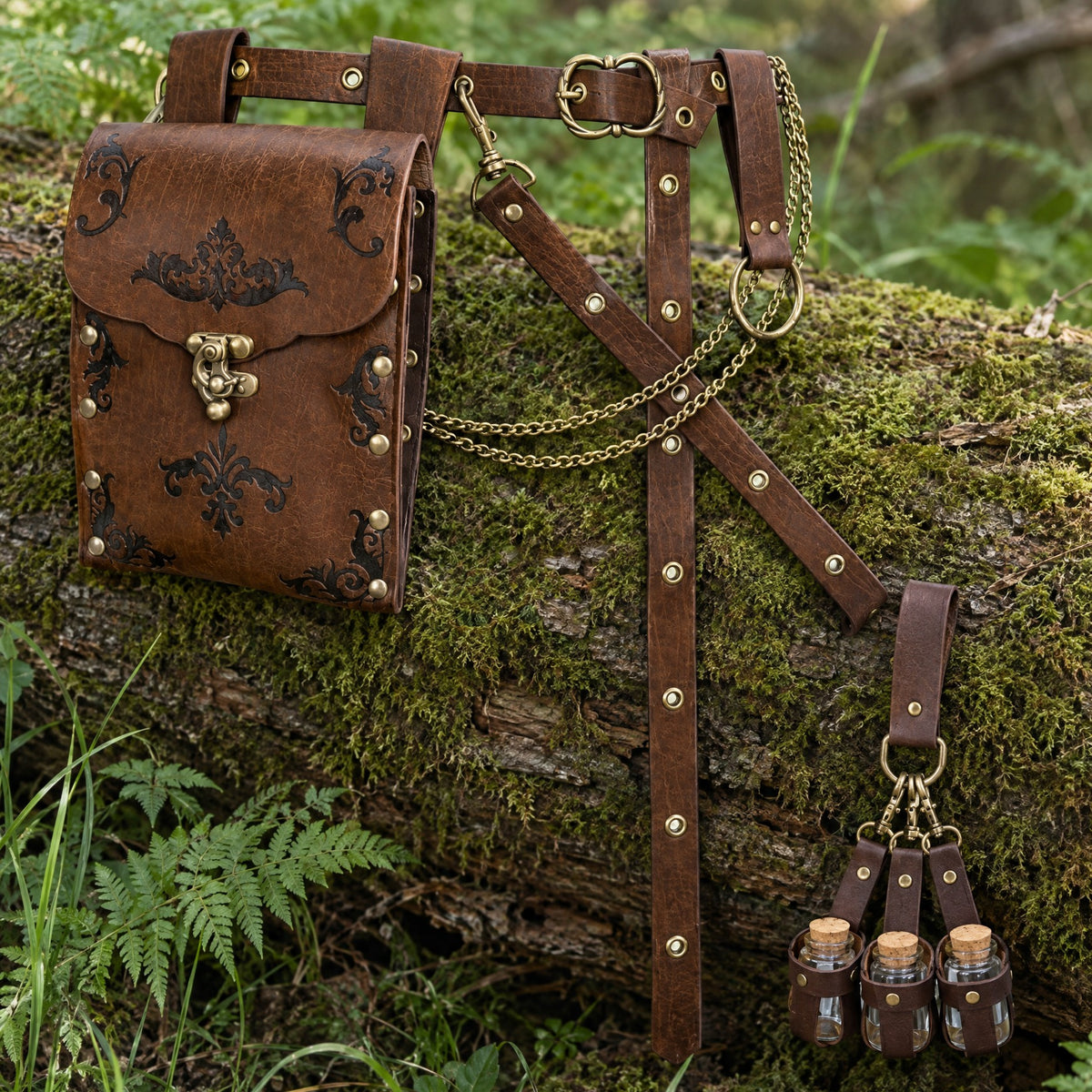 Brown embossed waist bag belt with potion holder on a rustic surface