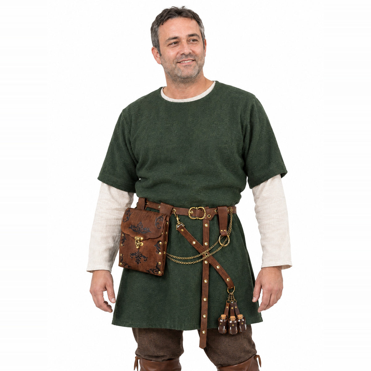 Brown embossed waist bag belt with potion holder worn by a model on a white background