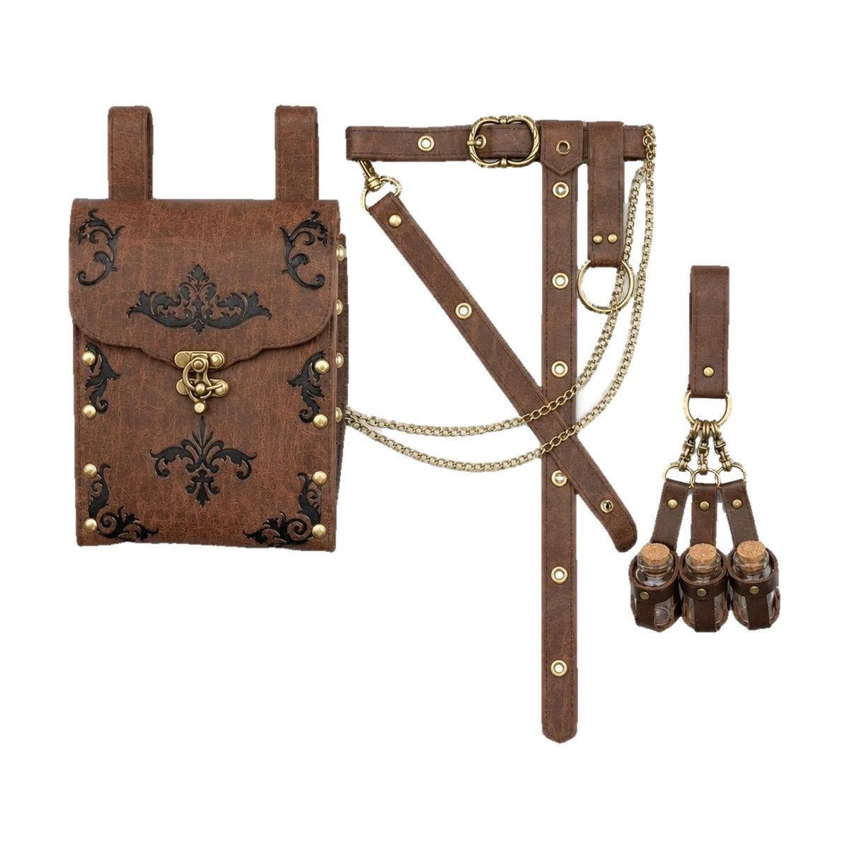 Brown embossed waist bag belt with potion holder