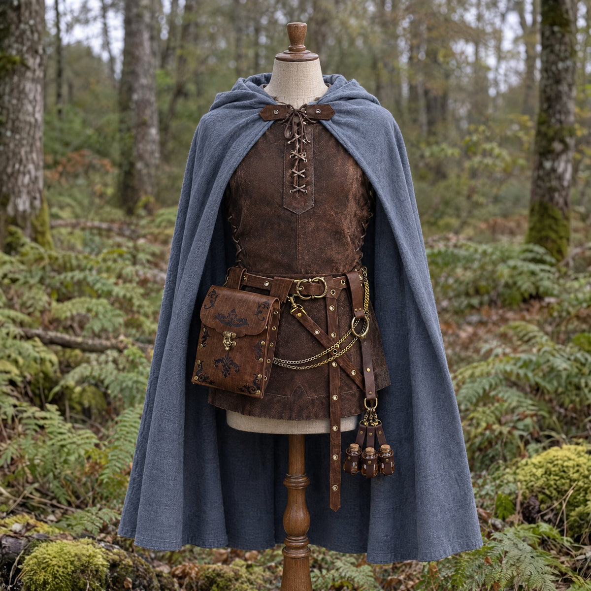 Embossed waist bag belt with potion holder in a complete ranger outfit, on a dress form