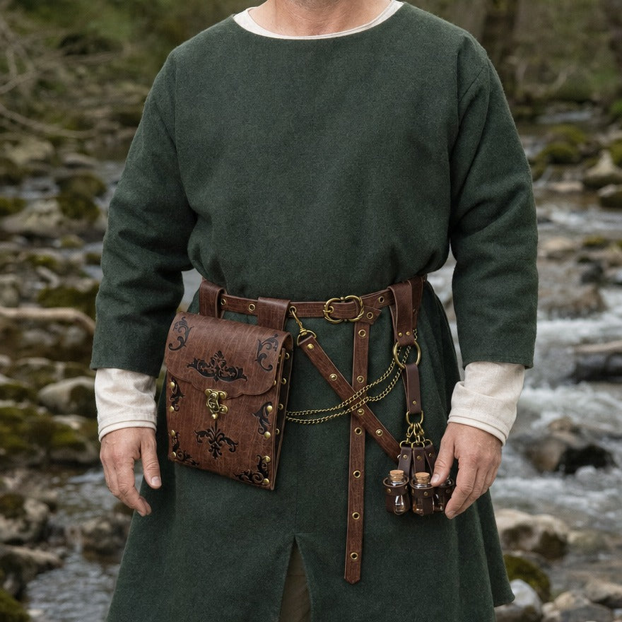 Embossed waist bag belt with potion holder on a wearer, showing the 20 cm waist bag at the hip