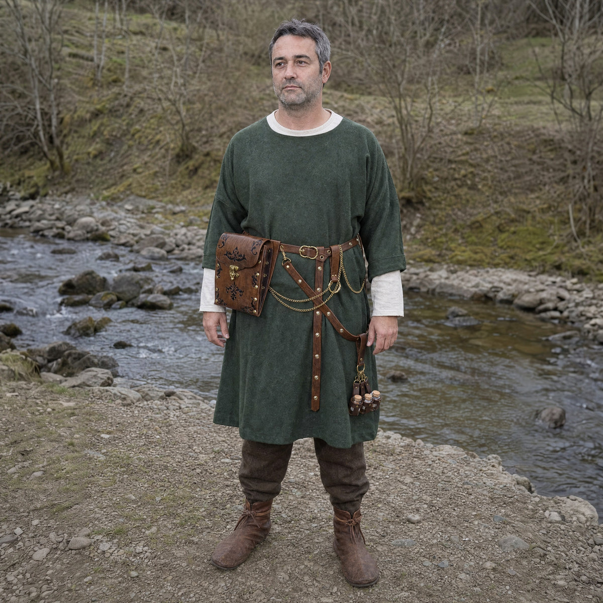 Brown embossed waist bag belt with potion holder worn outdoors, full-length front view