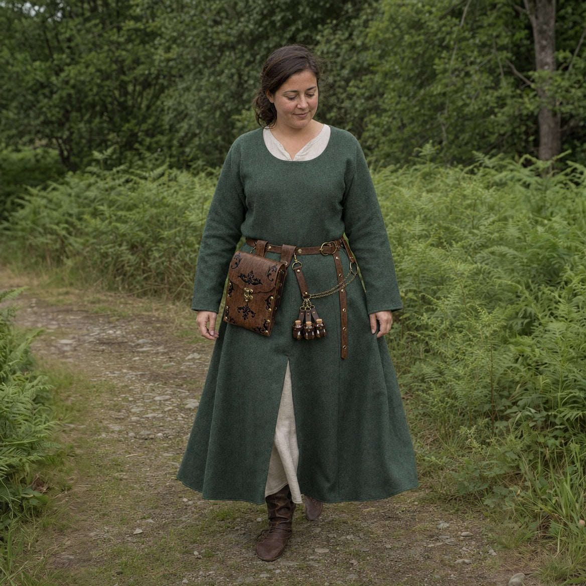 Brown embossed waist bag belt with potion holder worn outdoors