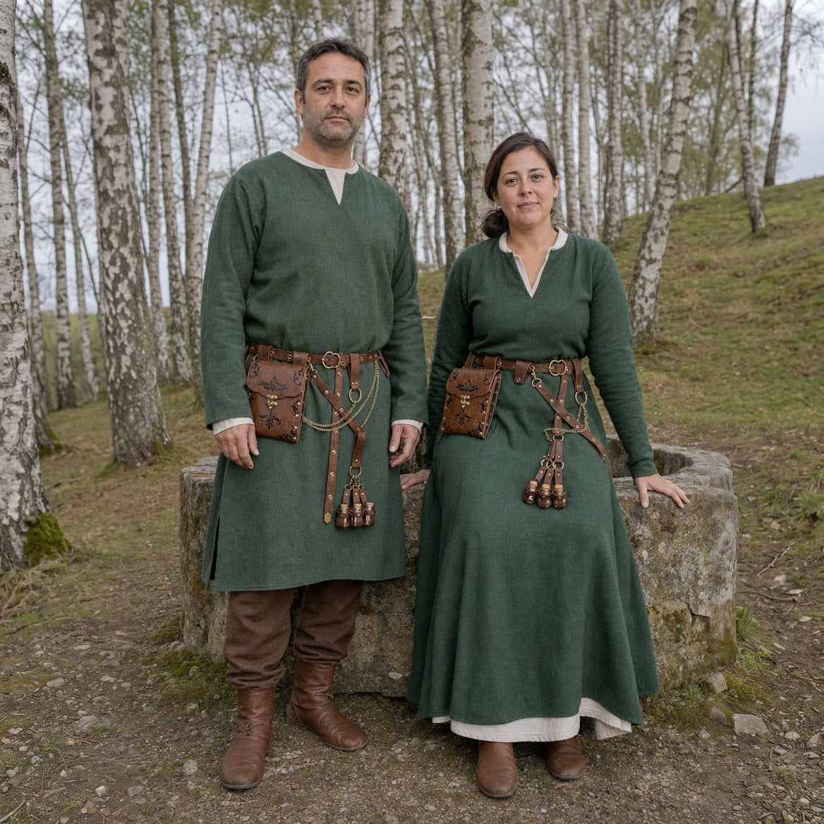 Brown embossed waist bag belts with potion holders worn by a man and a woman outdoors