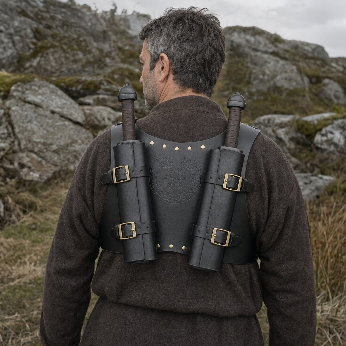 Double sword harness on a wearer, back view showing the two sword holders