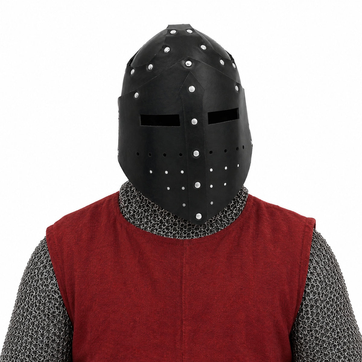 Black faux leather great helm worn by a model on a white background