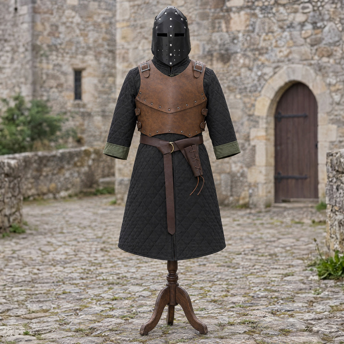 Faux Leather Great Helm in a complete knight outfit, on a dress form