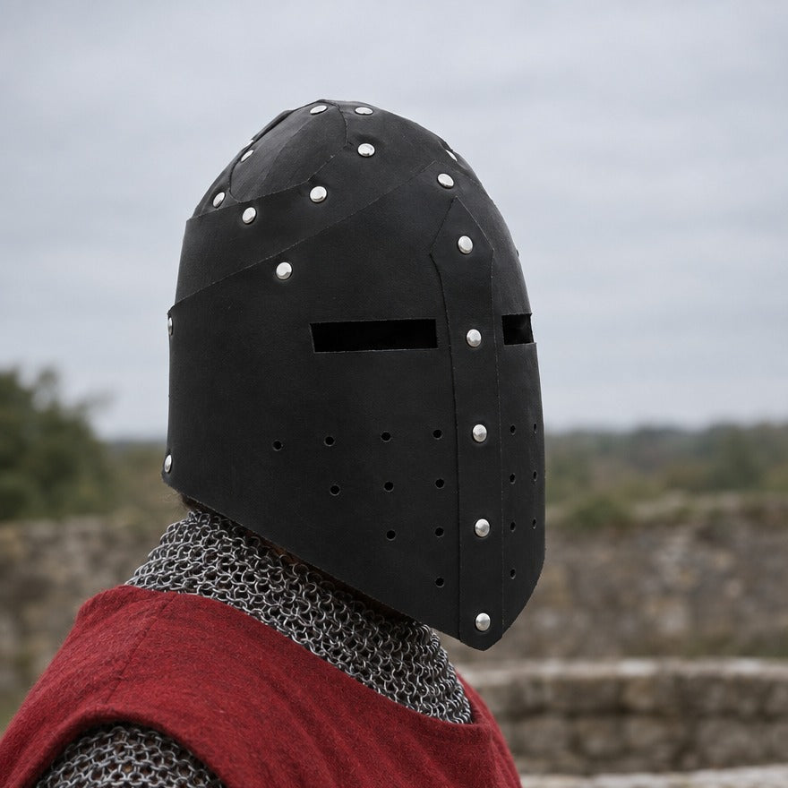 Faux leather great helm on a wearer, showing its 29 cm height against the head