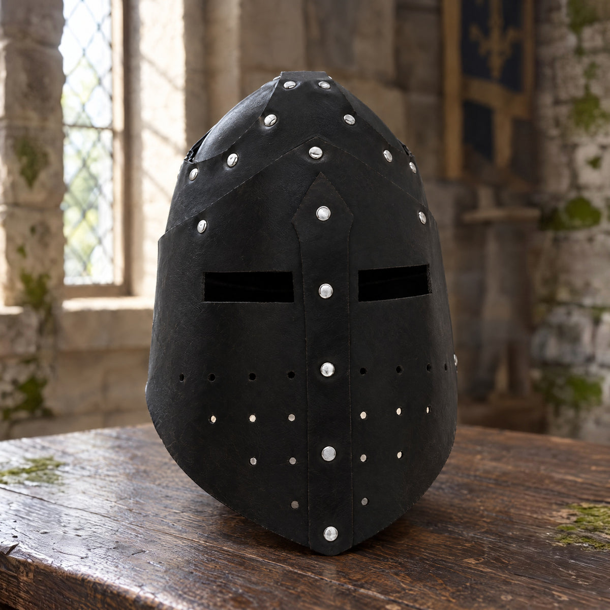 Black faux leather great helm on a rustic surface