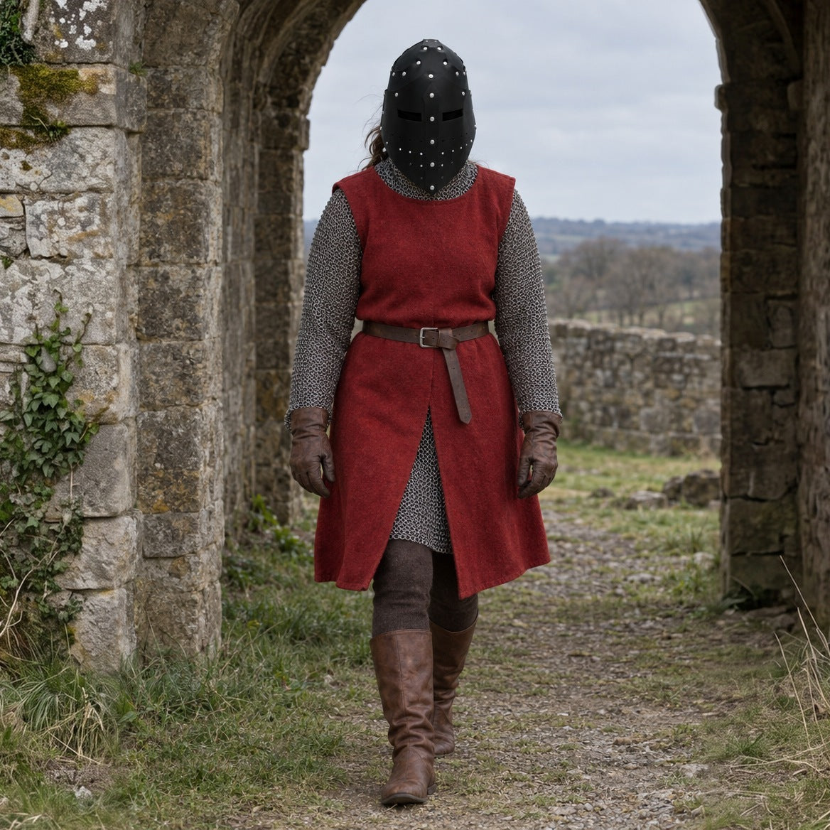 Black faux leather great helm worn outdoors