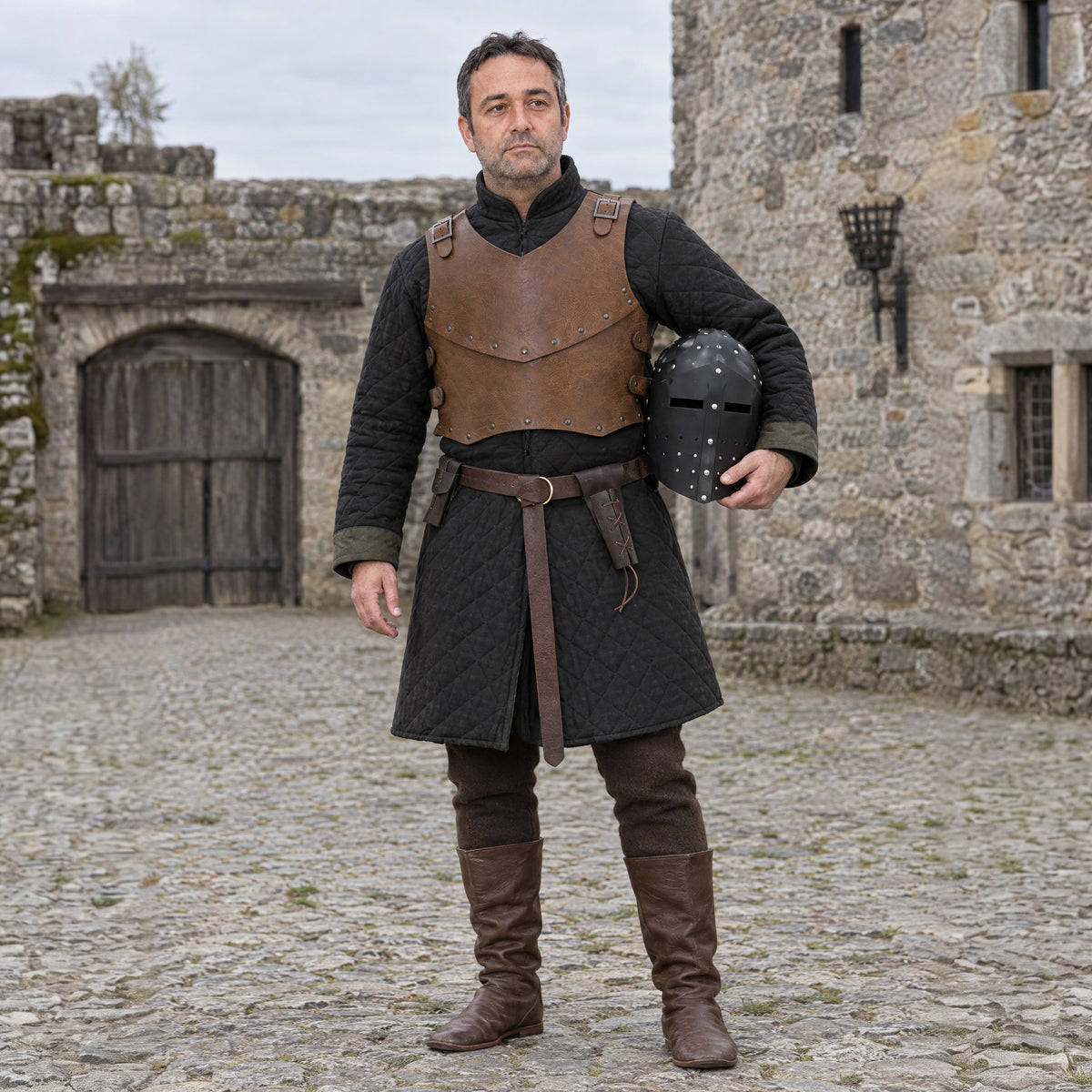 Faux Leather Great Helm in a complete knight outfit, worn by a man outdoors
