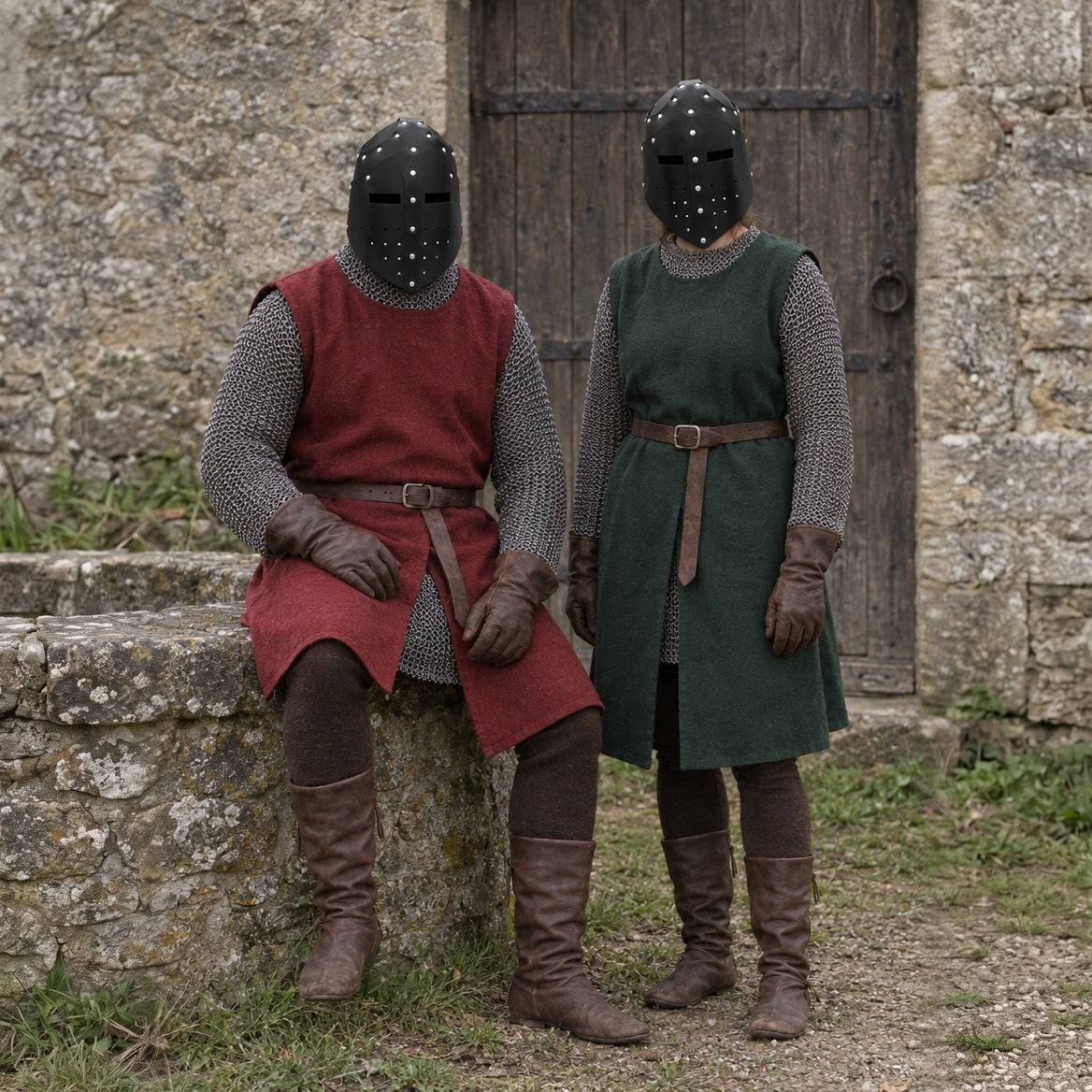 Faux leather great helms styled with mail, tabards, belts and gloves