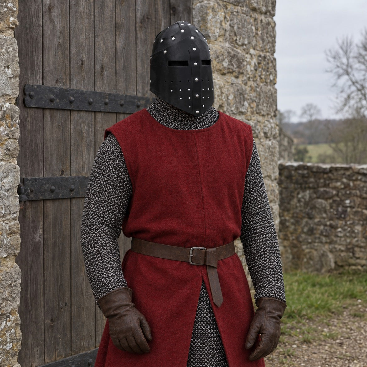 Black faux leather great helm, three-quarter view of the face panels