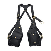 Black faux leather shoulder straps with underarm pouches