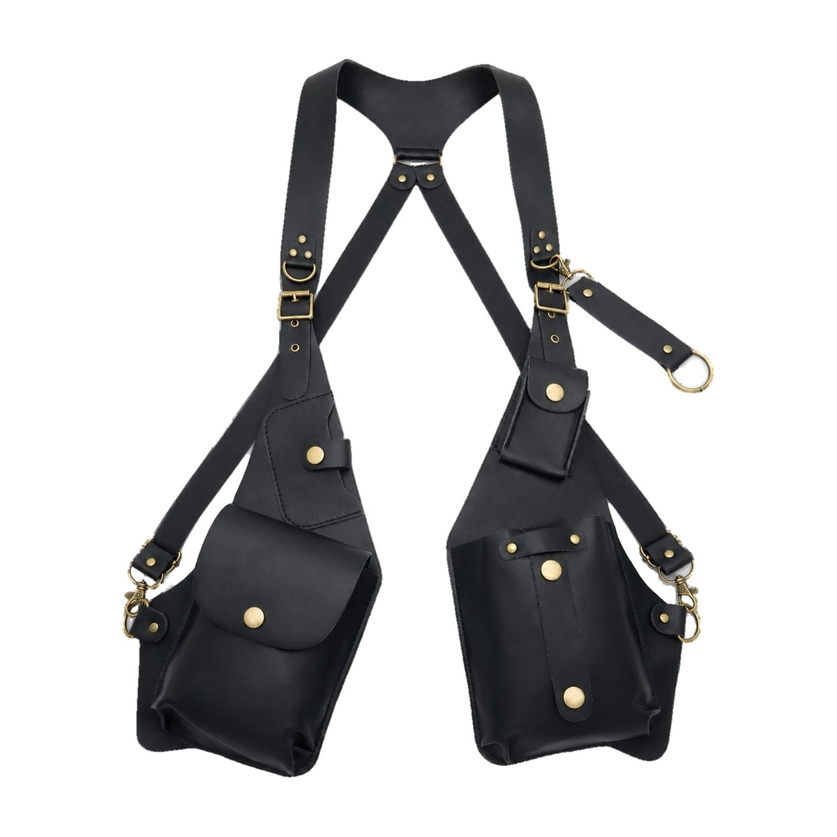 Black faux leather shoulder straps with underarm pouches