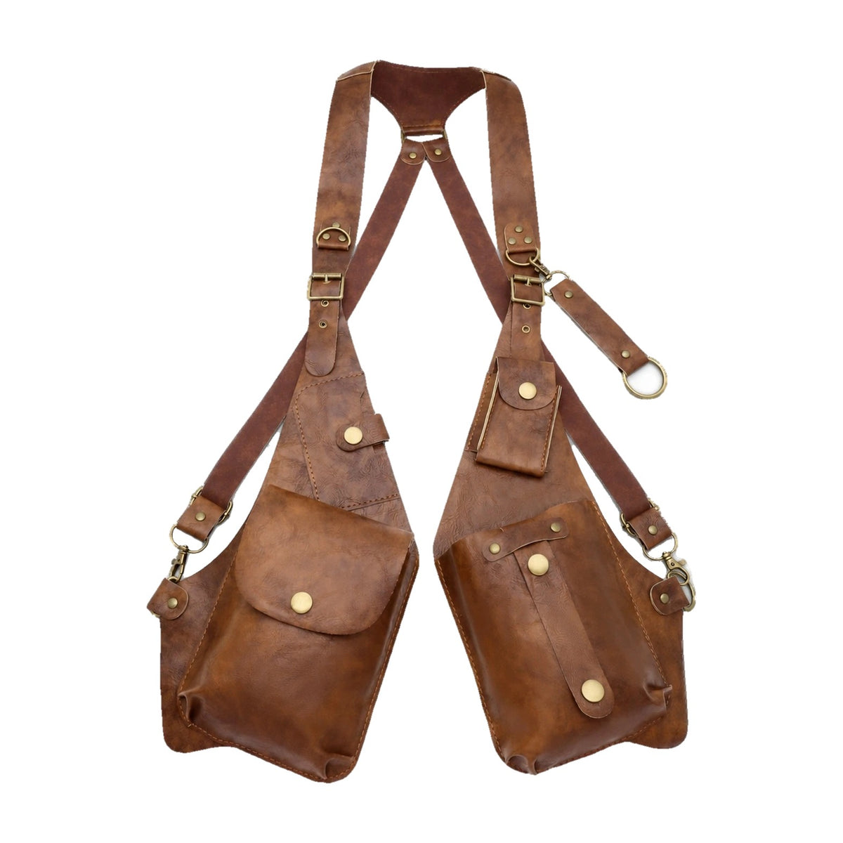 Dark brown faux leather shoulder straps with underarm pouches