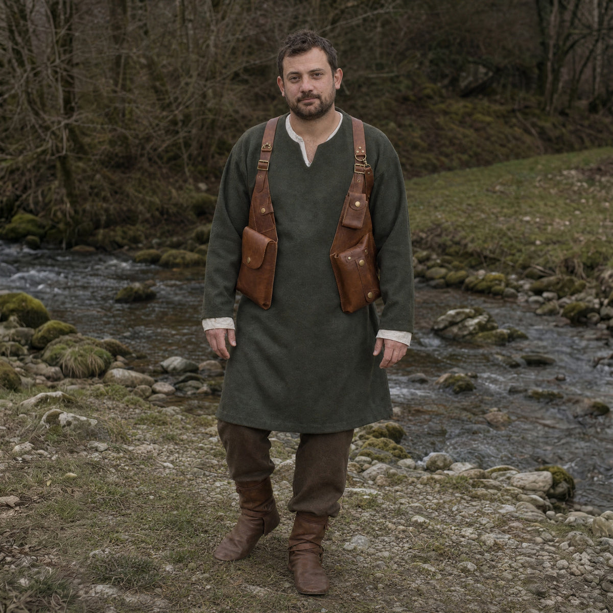 Dark Brown faux leather shoulder straps with underarm pouches worn outdoors, full-length front view