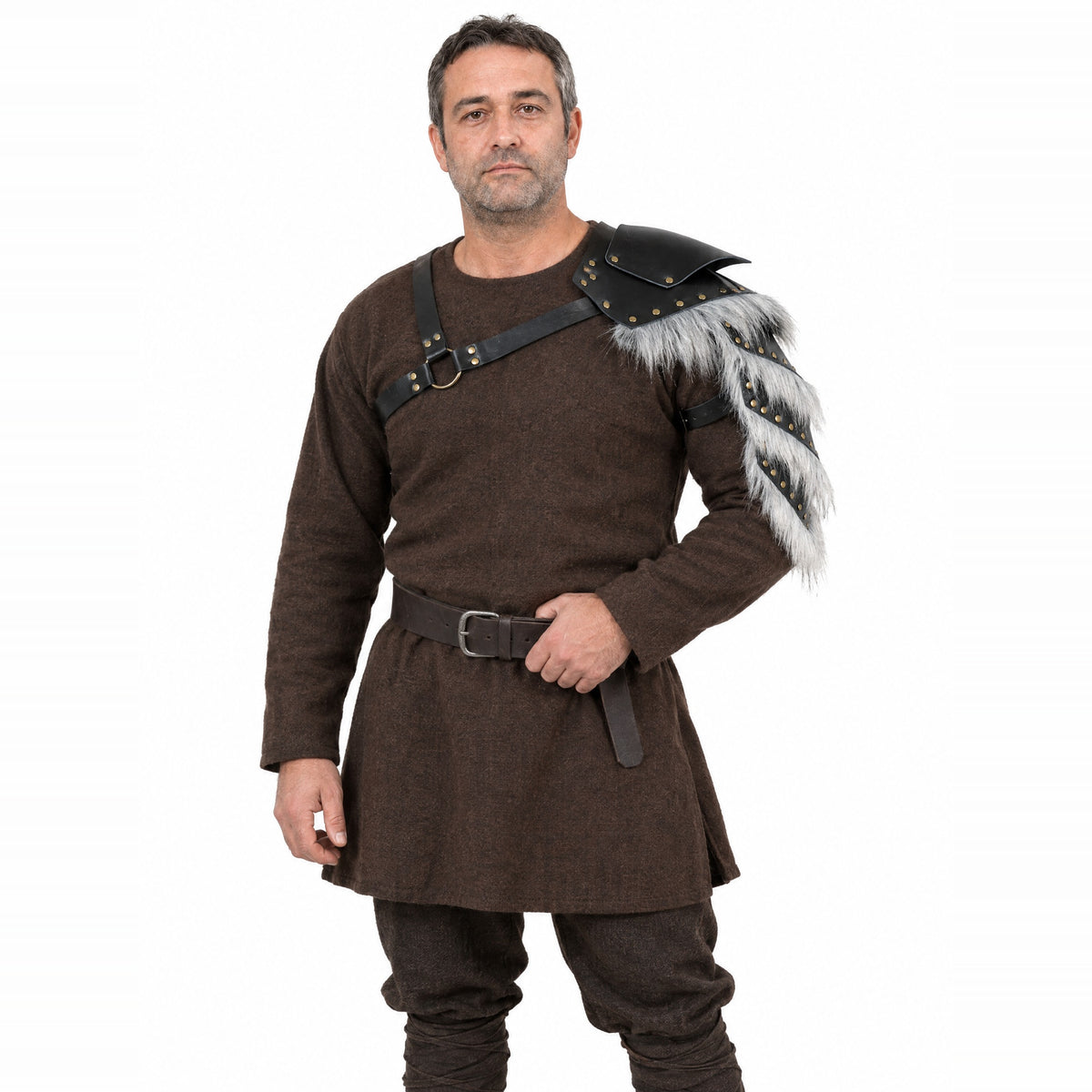 Black & grey buckled fur-trim pauldron worn by a model on a white background